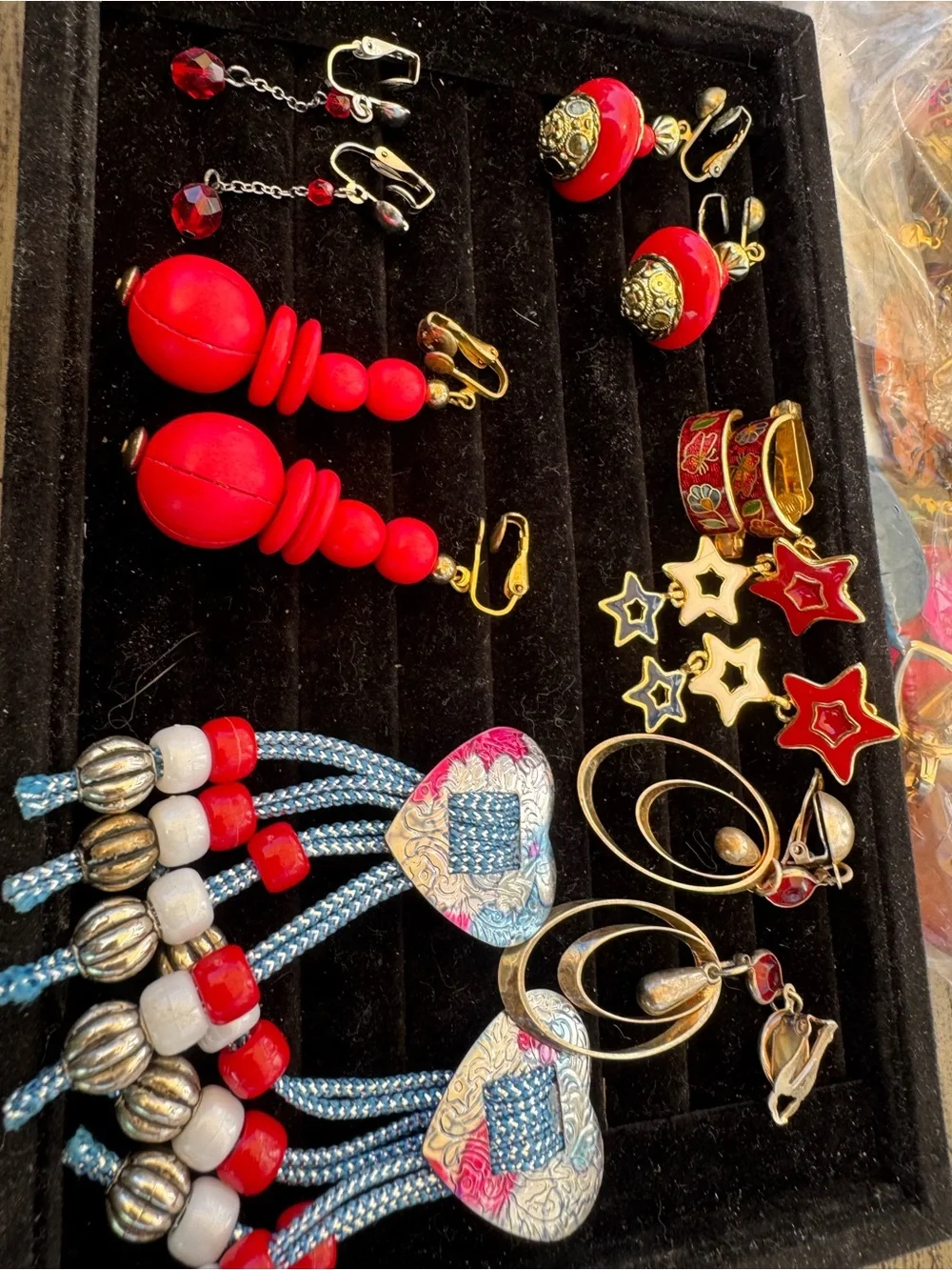 Red white and blue Fourth of July‎ patriotic Bold Red Bead Clip-On Earrings Lot